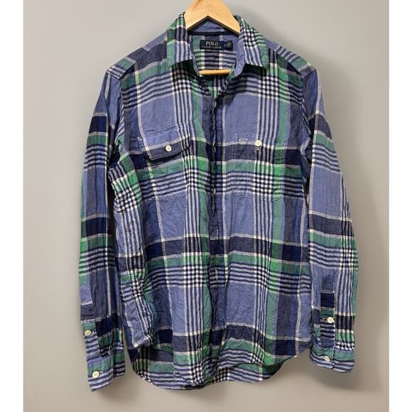 Polo Ralph Lauren Other - Polo Ralph Lauren Mens Med 100% Linen Plaid Long Sleeve Utility Shirt Blue / Grn